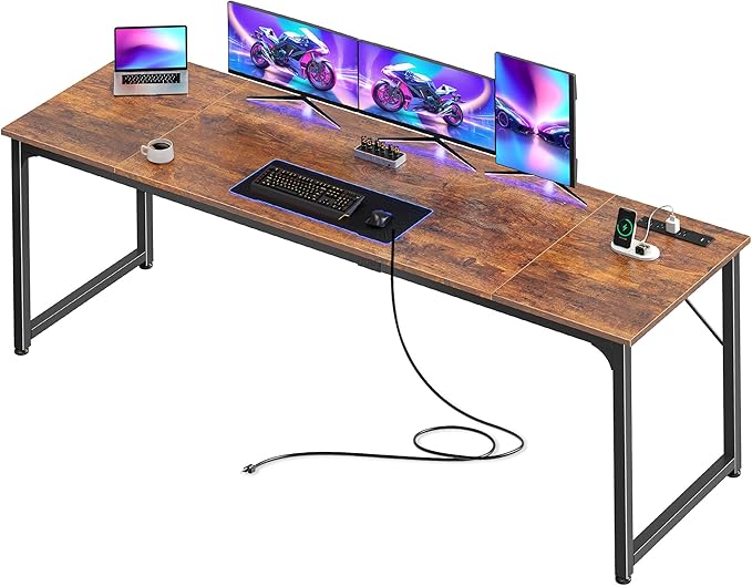 PRAISUN 80 X 24 Inch Computer Desk, Power Outlets, USB-C, Rustic Brown | Office Desk with 4 AC Outlets, USB & USB-C, Sturdy Metal Frame, Spacious Desktop for Work, Writing, Study & Gaming