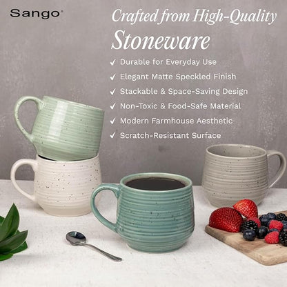 Sango Siterra Artist's Blend 17 oz. Stoneware Mug Set- Service for 4, Rustic Design, Green/White/Beige, Scratch-Resistant, Microwave & Dishwasher Safe, for Everyday Dining & Entertainment