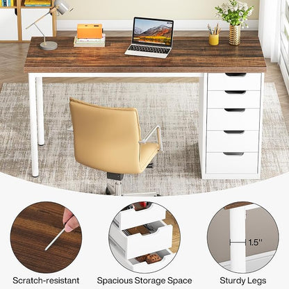 Tribesigns Computer Desk with 5 Drawers, 47 inches Rustic Brown Home Office Desk with Storage, Modern Simple Laptop Desk Study Writing Table for Small Spaces (1, Brown+White)