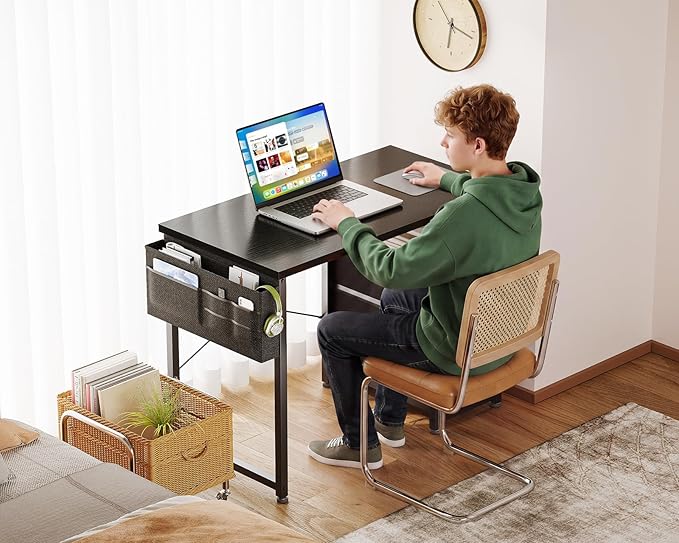 AODK 32 Inch Small Computer Desk with Fabric Drawers, Black | Mini Desk with Storage Shelf & Bag, Kids Study Desk for Bedroom, Home Office Desk for Small Space