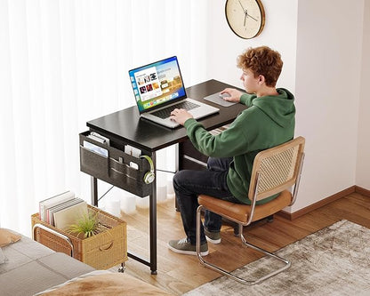 AODK 32 Inch Small Computer Desk with Fabric Drawers, Black | Mini Desk with Storage Shelf & Bag, Kids Study Desk for Bedroom, Home Office Desk for Small Space