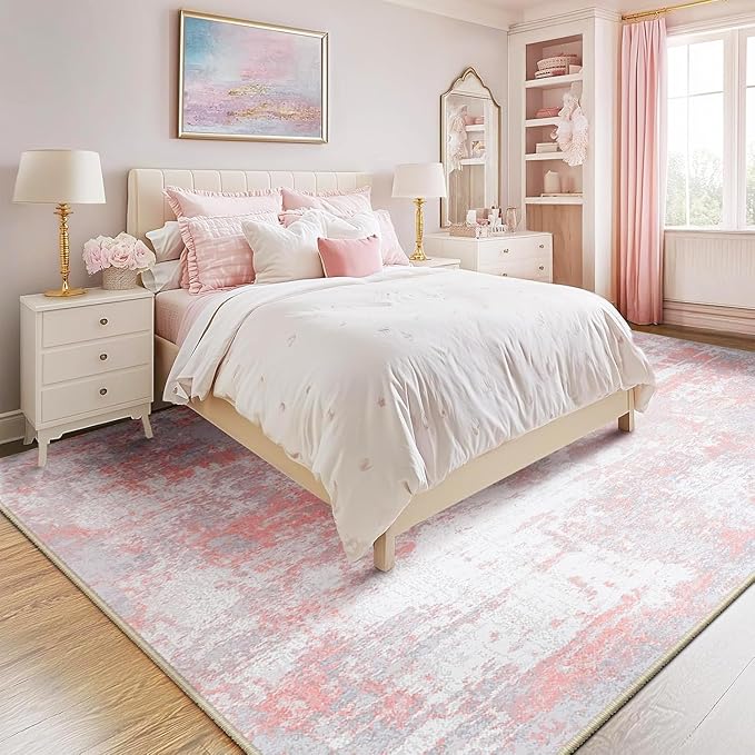 RELEANY Washable Area Rugs 9'x12' Non-Slip Modern Abstract Soft for Living Room Entryway Bedroom Kitchen, Print Pattern, Grey Pink