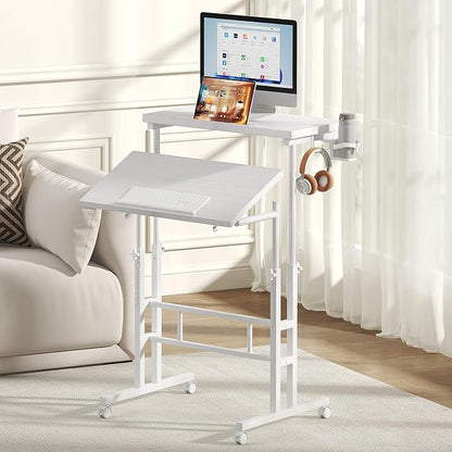 DUMOS Rolling Standing Desk, Sit Stand Desk, Computer Cart | Manual Height Adjustable, Split Top Mobile, Laptop Workstation, Portable Home Office, Walking Pad Study Surface, White