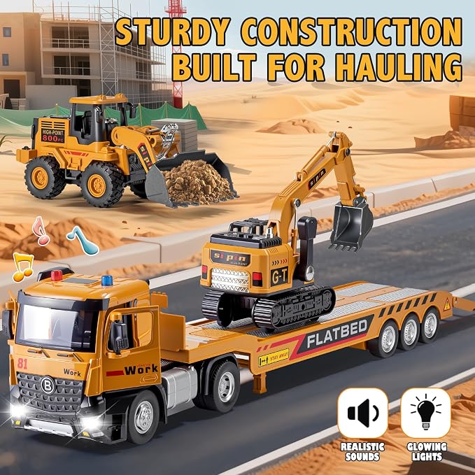 Kids Construction Toy Set Metal Cab, Semi Truck, Excavator, Bulldozer, Die-cast Engineering Construction Vehicles Truck Toys with Lights & Sounds, Ideal Gift for 3 4 5 6 7 Years Old Boys Toddlers