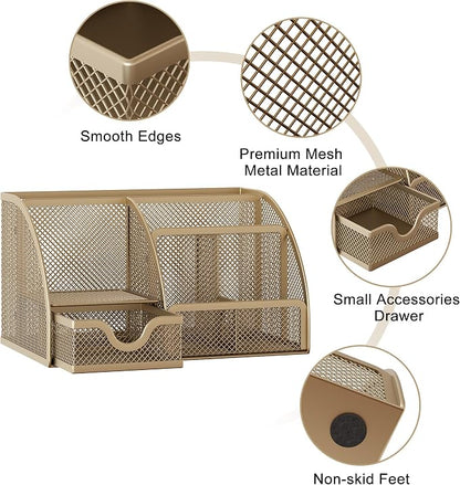 EasyPAG Mesh Desk Organizer with Drawer Multi-functional Pen Holder Stationery Organizer for Office School Supplies 6 Compartments Dorm Organizers and Storage for Desk, Gold