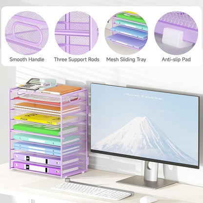 Cawukege 9 Tier Paper Organizer with Handle, Purple Large Capacity Desk Organizer Mesh File Folder Letter Paper Tray Desktop Document Sorter for Classroom, School, and Office Accessories Organization