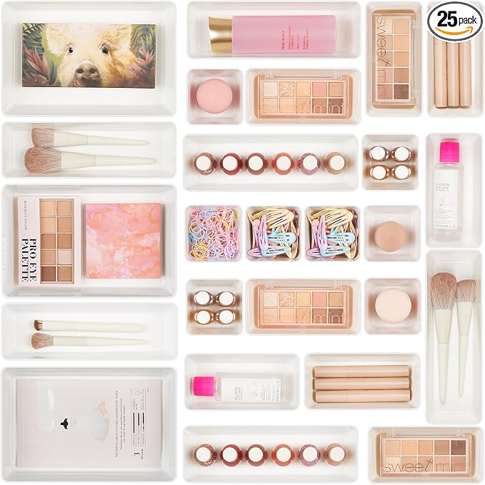 Vtopmart 25 PCS Plastic Drawer Organizers Set, 4-Size Versatile Bathroom and Vanity Drawer Organizer Trays, Storage Bins for Makeup, Bedroom, Kitchen Gadgets Utensils and Office | 4-Size Versatile Makeup Organizer, Storage Containers Small Bins for Mak...