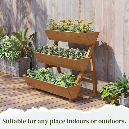 3-Tier Wooden Vertical Raised Garden Bed with Legs, Tiered Planter Box, Vertical Garden Planter,Wood Plant Stand Wood Flower Rack for Patio, Balcony, Freestanding. (Brown-Large)