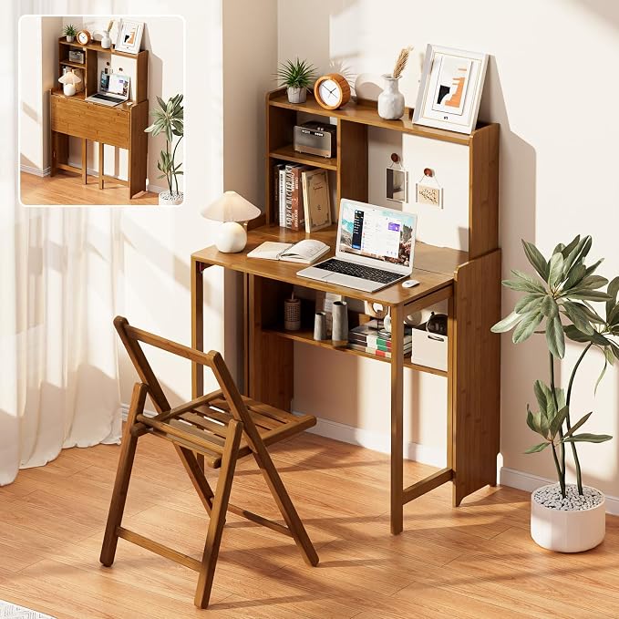 Folding Desk with Bookshelf, Compact Foldable Desk for Small Spaces,Brown | Bamboo Computer Desk with Storage Shelf, Space-Saving Home Office Desk with Hutch for Bedroom, Dorm, Apartment