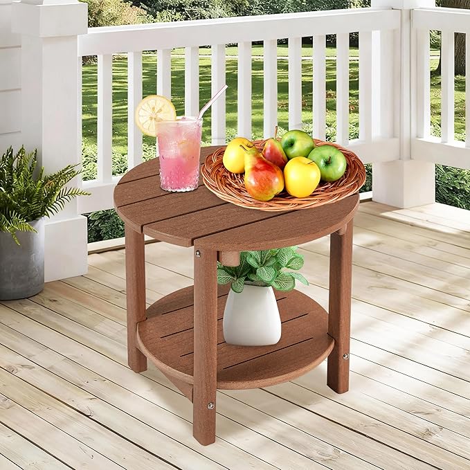 LZRS Round Adirondack Side Table Double End Table, Outdoor Side Tables for Patio, Backyard,Pool, Indoor Companion, Easy Maintenance & Weather Resistant(Brown)