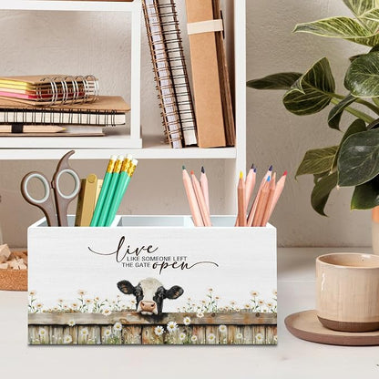 DILSJ Cow Inspirational Pen Pencil Holder Organizer for Desk, Cow Gifts for Women Men, Live Like Someone Left the Gate Open Wooden Box Signs for Home Office Desk Tabletop Decoration