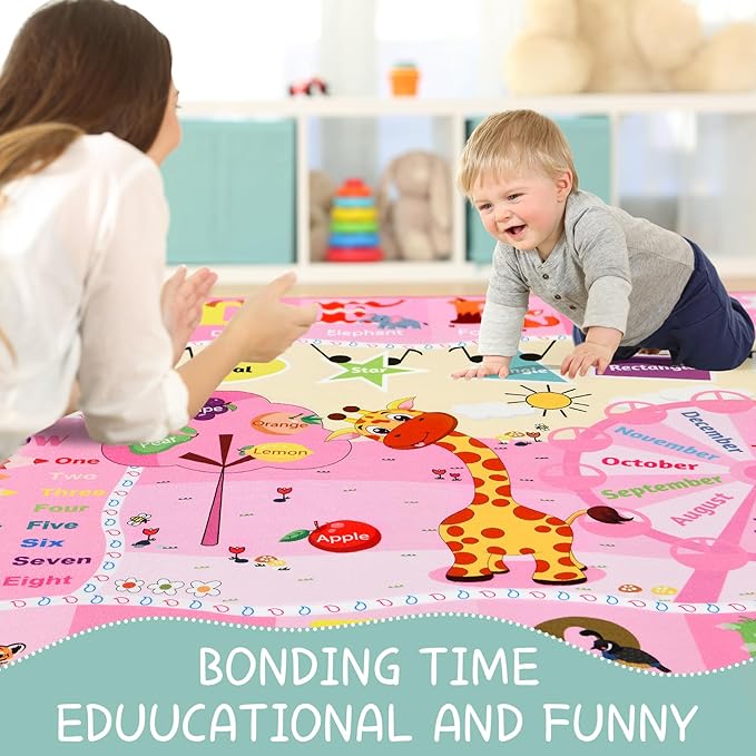 Kids Rug 5x7 Pink Rugs for Girls Bedroom Playroom Child Play Mat Educational and Fun Baby Care Rugs,Learning Rug with ABC Alphabets Animals Shapes No-Slip Carpets for Children Toddler Washable