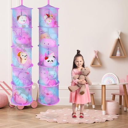 Basumee Stuffed Animals Net or Hammock 2 Pcs Stuffed Animals Storage Toy Net Hammock for Plushies Storage Organizer Mesh Kids Girls Room Decor, Blue and Purple, 5 Tiers