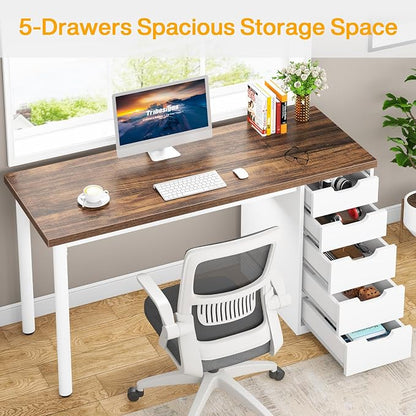 Tribesigns Computer Desk with 5 Drawers, 47 inches Rustic Brown Home Office Desk with Storage, Modern Simple Laptop Desk Study Writing Table for Small Spaces (1, Brown+White)