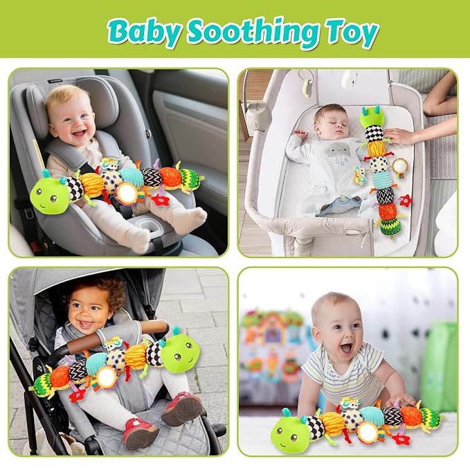 Baby Sensory Toys for 0-6 6-12 Months, Musical Stuffed Caterpillar Toy with Crinkle Rattle Mirror, Baby Essentials Infant Tummy Time Toys for 3 6 9 12 18 Months, Newborn Boys Girls Shower Gifts