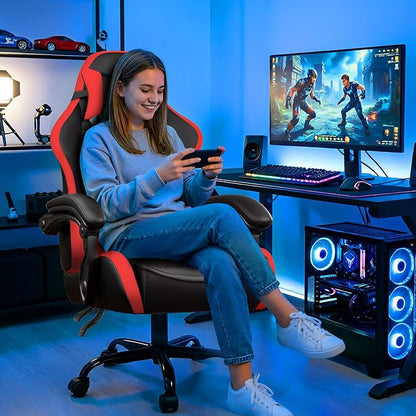 GTPLAYER Gaming Chair for Adults, Big and Tall 300LBS Heavy Duty Office Chair, Ergonomic High Back Lumbar Support and Wide Comfy Cushion with Linkage Armrests for Home Office, Red