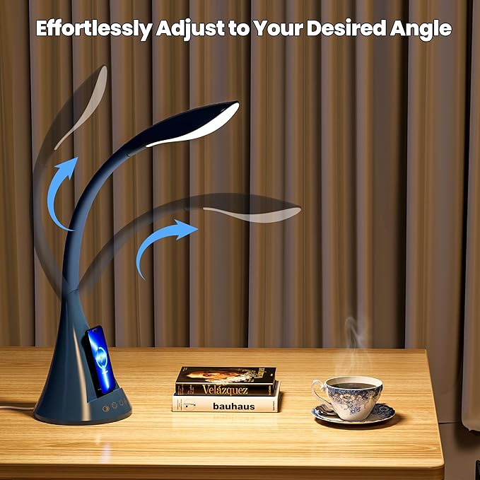 Modern Heavy Duty Bright LED Desk Lamp for Home Office, Wireless Charging, Touch Table Lamp, Adjustable Neck & Height, 5 Brightness Level, 3 Light Temps, 56 LEDs & 4 Years Lifespan (Gray)