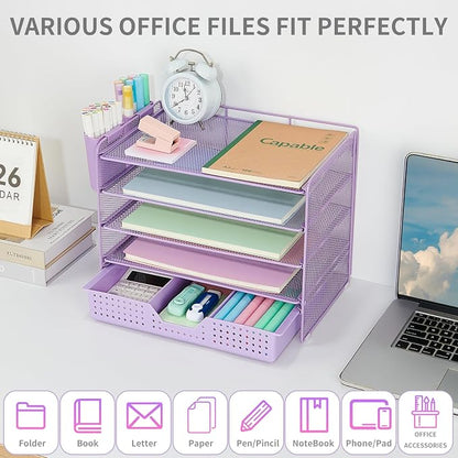 LEKETREE Desk Organizers and Accessories, 5-Tier Paper Letter Tray Organizer with Drawer & 2 Pen Holders, Desktop Organizer for Office Supplies (Purple)