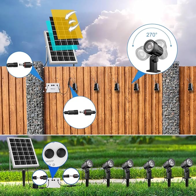 MEIHUA Solar Spot Lights Outdoor, 6 in 1 Solar Landscape Spotlights 2700K Warm White, 3 Lighting Modes & 3 Brightness, IP66 Waterproof Spotlights Outdoor Garden for Pathway Driveway Yard Tree