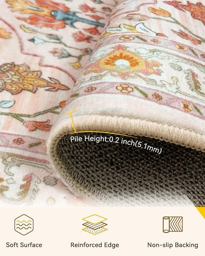 RELEANY Area Rugs 7'x10' Washable Non-Slip, Floral Vintage Distress Medallion Carpet for Living Room Bedroom Dining Room, Light Pink Colorful