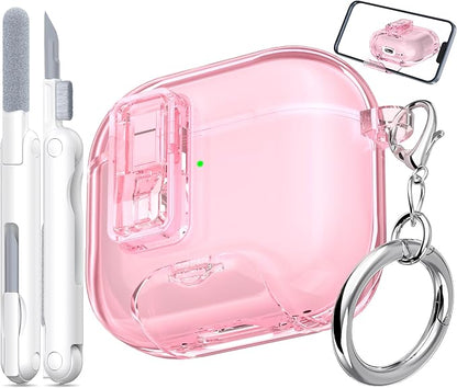 for AirPods 4th Generation Case Cover 2024, Military-Grade Shockproof Transparent Anti-Yellowing, Charging Port Dust-Proof & Stand Design with Cleaning Kit for AirPods 4 Case, Crystal Pink