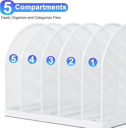 gianotter Desktop File Organizer with 5 Compartments | Desk Organizer Paper Organizer for Desk Workspace Organizers for Office Supplies (White, Upright Style)