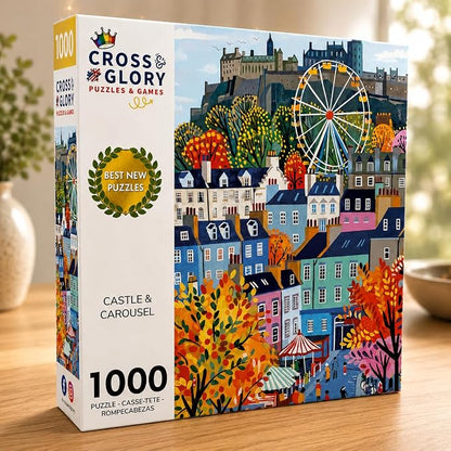 Cross & Glory – Castle & Carousel – 1000 Piece Jigsaw Puzzle for Adults | Colorful Edinburgh Folk Art Puzzle | Bright Scottish City Artwork | Premium Ribbon-Cut Puzzle with Satin Finish