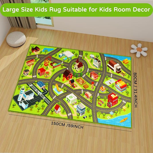 Kids Rugs Traffic Road Carpet for Car City Map Play Rug 3.3'×5' for Playroom Educational Mat Area Rug, Kid Playtime Collection Toddler Car Track Rug Cute Cartoon (City Road A, 39.4×59 in)