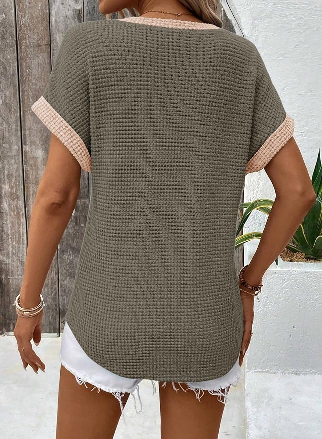 Dokotoo Womens Waffle Knit Tops 2026 Spring Summer V Neck Shirts Casual Trendy Women's Blouses Basic Tee