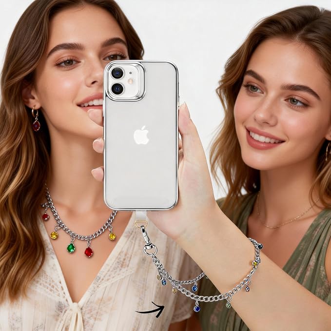 Phone Charm Wrist Strap Silver Metal Chain Detachable Lanyard Hand Wristlet Fashion Shine Finger Grip Anti-drop with 2 Tether Tab for Women Girls Universal for iPhone 16 Pro Max Colorful Gem
