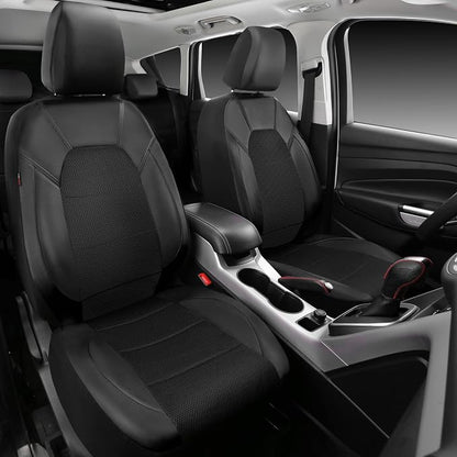 CAR PASS Leather Two Front Car Seat Cover; 4Pcs Waterproof Car Floor Mats & Steering Wheel Cover,Universal Fit Airbag Compatible Automotive Interior Covers (Combo Set, Black)