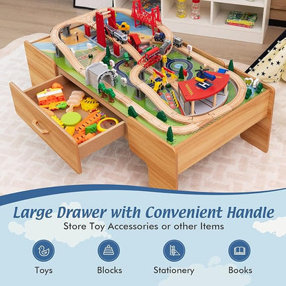 Costzon Train Table, 2 in 1 Kids Activity Table w/Storage Drawer, 100 Multicolor Pieces, Railway, Track, Cars, City, DIY Design, Reversible Tabletop, Gift for Boys Girls, Wooden Train Set (Natural)