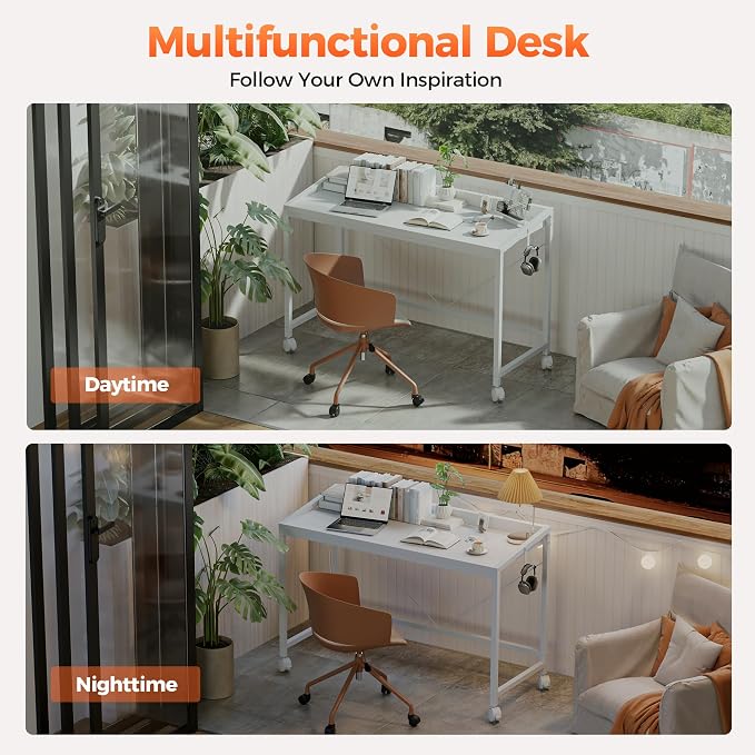 Mericonia 32x20 Inch Small Computer Desk with Wheels & Rear Lip | Simple Rolling Desk, Writing Table for Home Office Bedroom Work Study, White