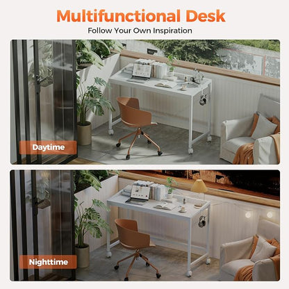 Mericonia 32x20 Inch Small Computer Desk with Wheels & Rear Lip | Simple Rolling Desk, Writing Table for Home Office Bedroom Work Study, White