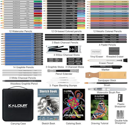KALOUR 82 Pack Drawing Sketching Kit, Pro Art Supplies with Sketchbook, Include Tutorial,Colored, Graphite, Charcoal, Watercolor,Metallic & Pastel Pencils, Drawing Set for Adults Teens Beginner