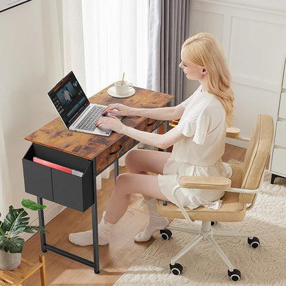 DUMOS 32-Inch Small Computer Desk with Drawers, Hook and Side Bag, Brown | Home Office Desk for Bedroom, Gaming Writing Study Desk with Adjustable Feet