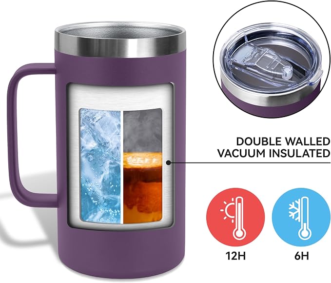 DOMICARE 24oz Mug with Handle and Lid, Stainless Steel Coffee Mug, Travel Mug with Handle, Double Wall Vacuum Coffee Tumbler, Reusable Insulated Cup, Dark Purple, Pack 4