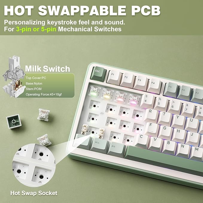 YUNZII B75 PRO 75% Wireless Mechanical Keyboard(Matcha Green,MilkV2) | Hot Swap Keyboard with Knob, Gasket Mount, Creamy Pre-lubed Switch for Smooth Typing, BT/USB-C/2.4G, for Gaming