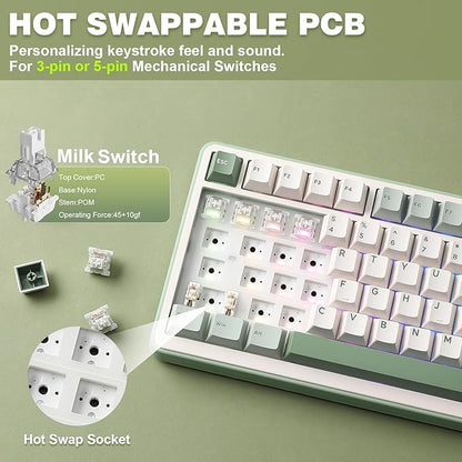 YUNZII B75 PRO 75% Wireless Mechanical Keyboard(Matcha Green,MilkV2) | Hot Swap Keyboard with Knob, Gasket Mount, Creamy Pre-lubed Switch for Smooth Typing, BT/USB-C/2.4G, for Gaming
