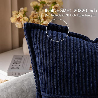 MIULEE Decorative Throw Pillow Covers for Couch Bed Livingroom 20x20 Inch Set of 2 Navy Blue Boho Accent Throw Pllows Broadside Striped Patchwork Soft Corduroy Summer Coastal Pillowcases