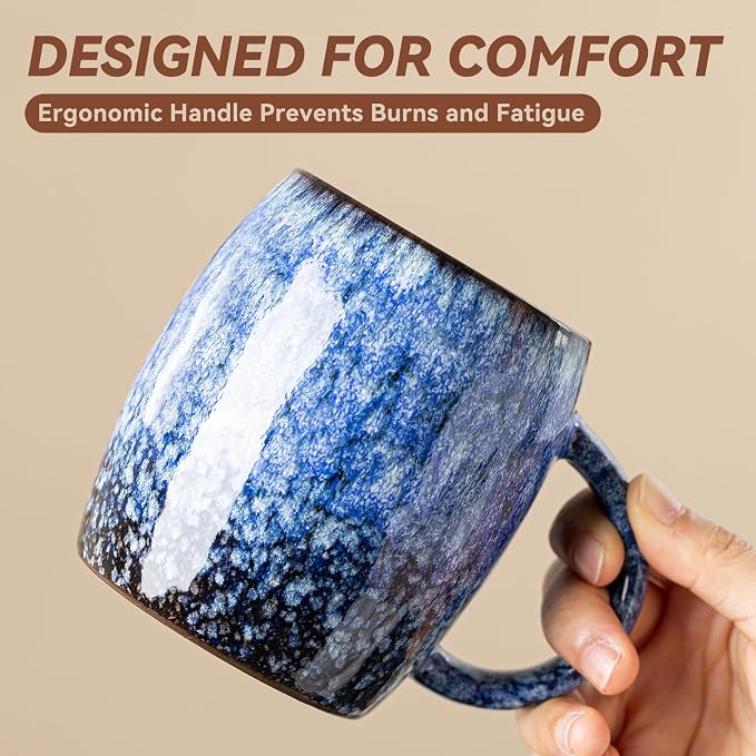 Sakura Blue Reactive Glaze Ceramic Coffee Mug - 14 oz Unique Mug with Ergonomic Handle, Large Ceramic Mug for Coffee, Tea, Milk - Great Birthday Gift for Women, Men, Friends, Home & Office Use