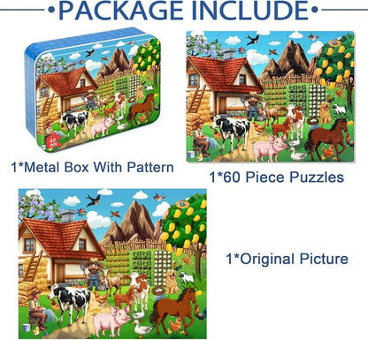 LELEMON Puzzles for Kids Ages 4-6, Farm 60 Piece Puzzles for Kids in a Metal Box, Educational Jigsaw Puzzles Childrens Puzzle Games Puzzle Toys for Girls and Boys
