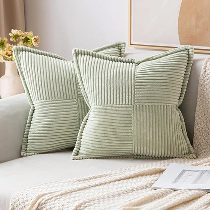 MIULEE Spring Decorative Throw Pillow Covers for Couch Bed Livingroom 16x16 Inch Set of 2 Light Green Boho Accent Throw Pllows Broadside Striped Patchwork Soft Corduroy Summer Pillowcases