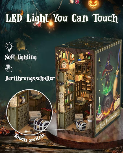 Cutefun Book Nook Kit, DIY Miniature Dollhouse Booknook for Adults, 3D Wooden Puzzle Bookend Bookshelf Insert Decor with LED Light, Gift for Craft Lovers (Magic Pharmacist)
