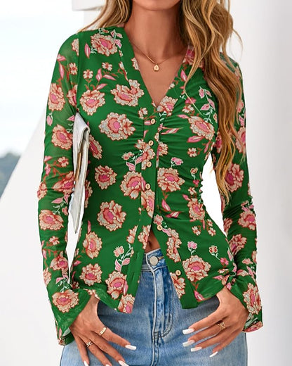 BTFBM Button Down Shirts for Women 2026 Fall Boho Tops V Neck Long Sleeve Blouses Ruched Mesh Fitted Fashion Clothing