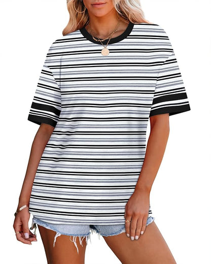 WIHOLL Womens T Shirts Loose Fit Short Sleeve Tees Crew Neck Color Block Summer Tops 2026 Fashion
