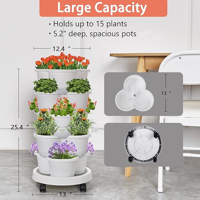 VECELO 5 Tier Vertical Garden Planter, Self Watering Stackable Planters with Wheels for Strawberries, Herbs, Flowers, Vegetables, White
