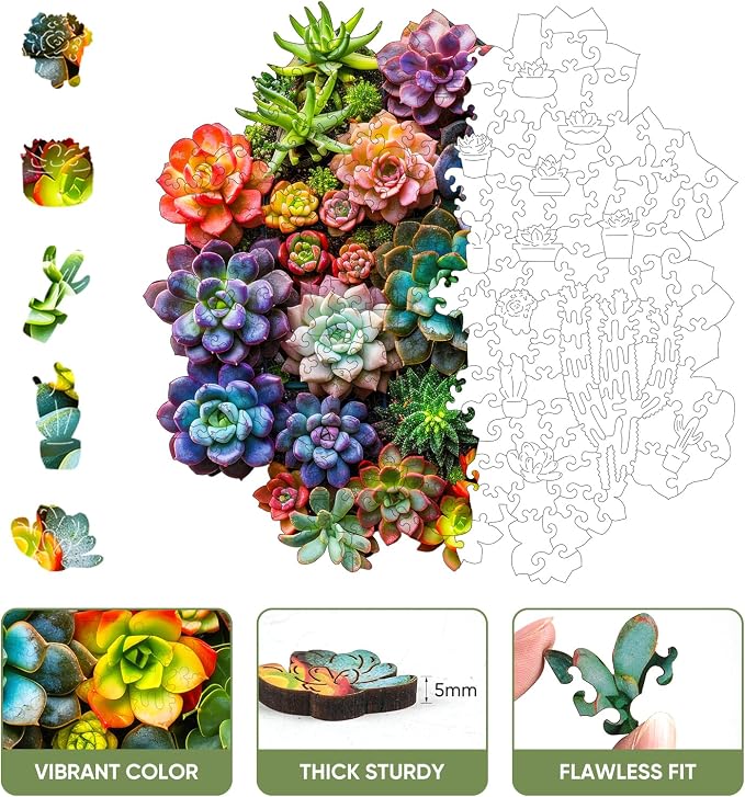 Mys Aurora Succulent Wooden Puzzles for Adults, 500 Piece Unique Shaped Wood Jigsaw Puzzles for Adults and Kids, Fun Challenging Puzzles Family Game Gift, Medium 16.9'' x 16.5''