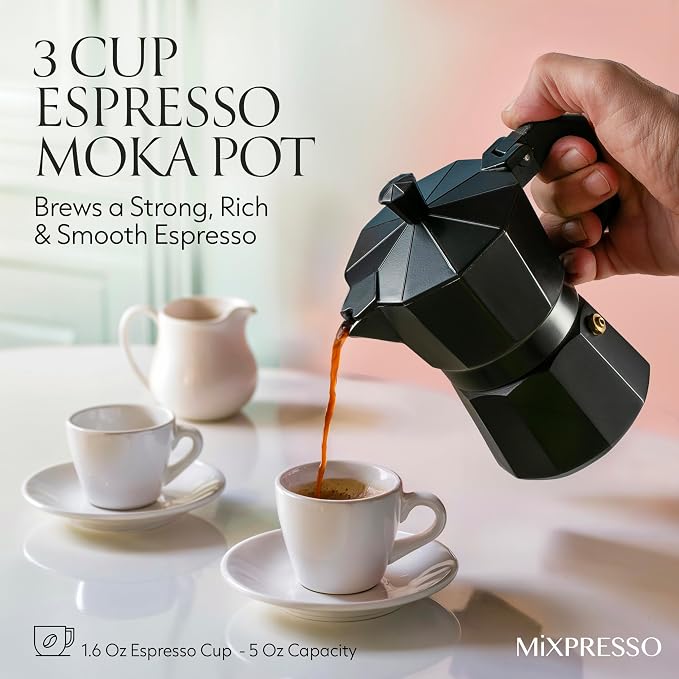 Mixpresso 3 Cup Moka Pot Stovetop Espresso Maker, Italian Cuban Coffee Pot | 5oz aluminum Italian coffee maker for gas and electric stovetops, small design for traditional coffee at home, Mug 4.4 Oz