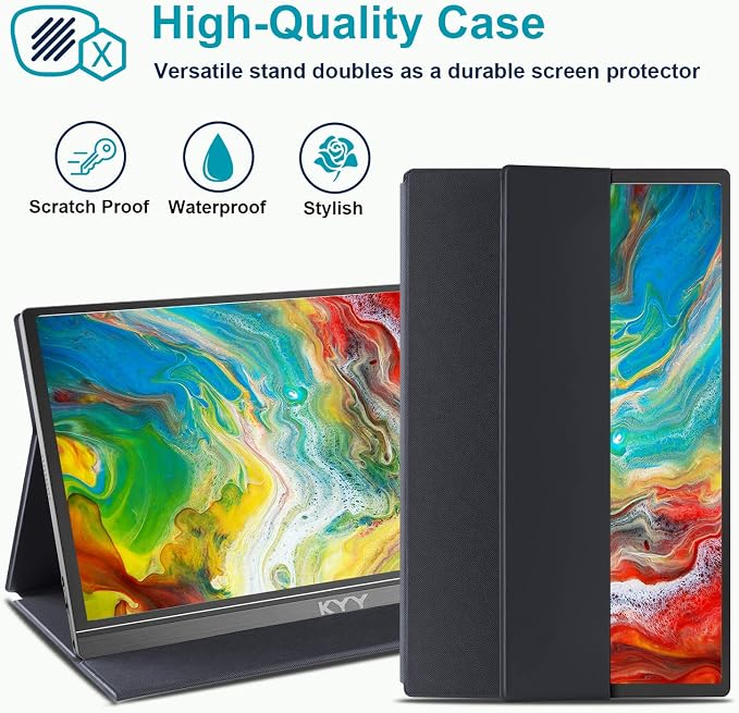 KYY Portable Monitor 15.6" 1080P Computer Monitor Screen Extender w/Cover | Portable Monitor for Laptop 1080P FHD IPS with USB-C and HDMI, Laptop Screen Extender for Travel HDR Gaming Monitor w/Speaker